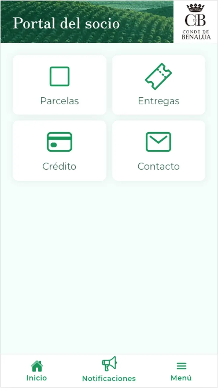 Portal del socio de la app Conde de Benalúa, con parcelas, entregas, crédito y contacto