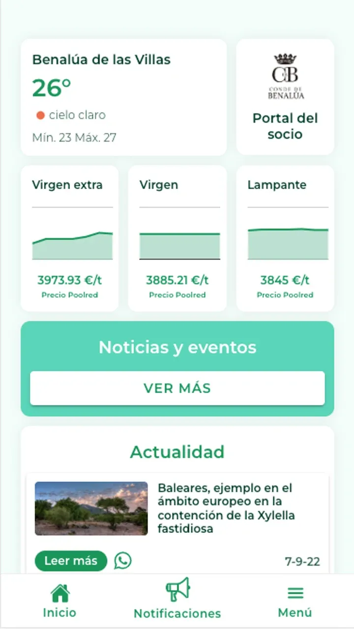 Inicio de la app Conde de Benalúa, con el tiempo en Benalúa de las Villas, los precios del aceite y las noticias