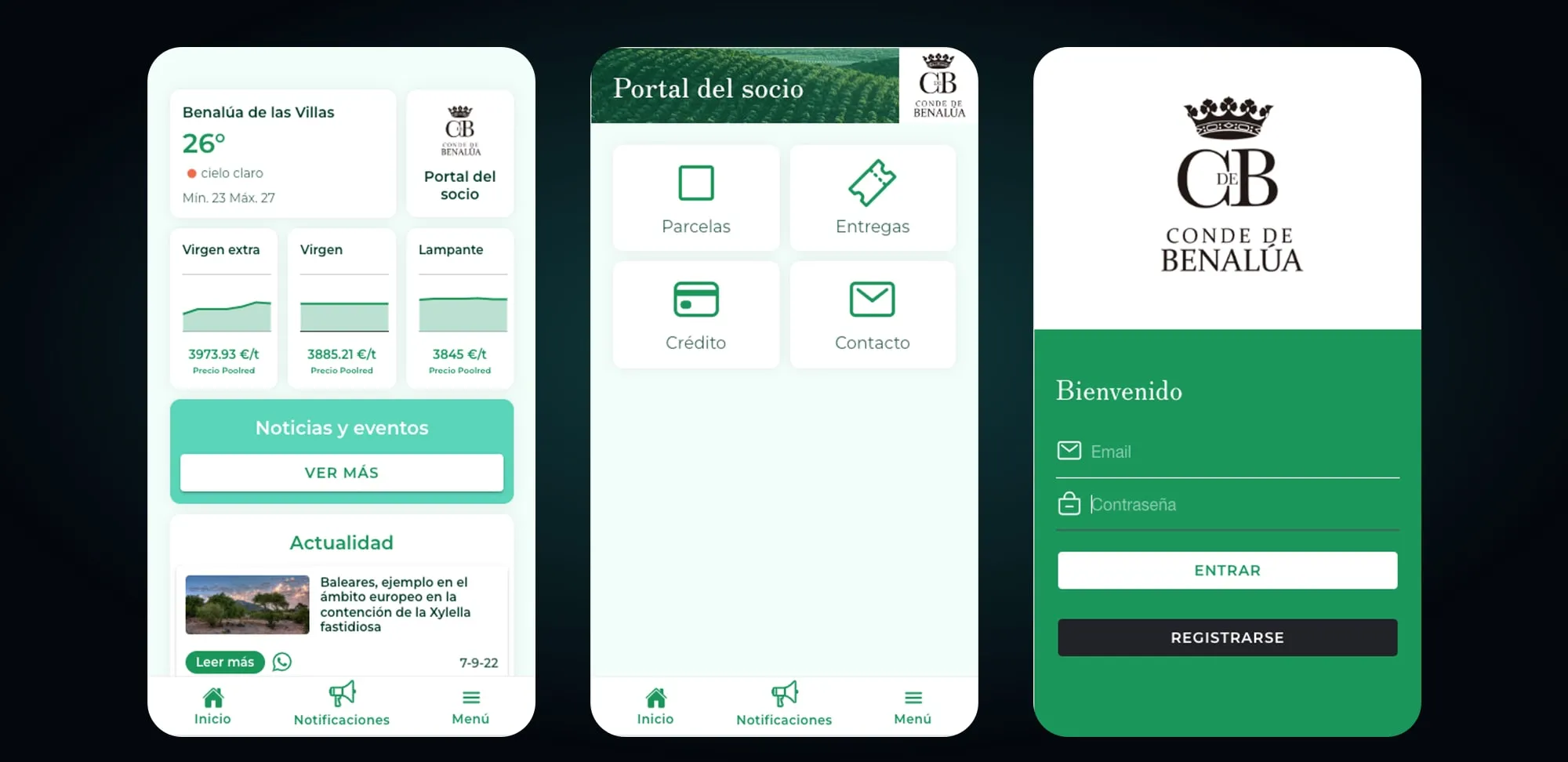 Tres pantallas de la app Conde de Benalúa, inicio, portal del socio y acceso, sobre fondo oscuro